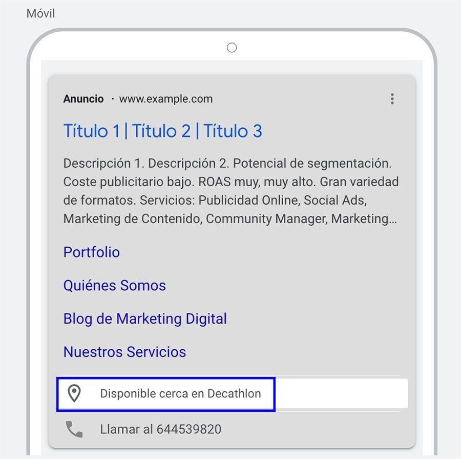ejemplo anuncio con Extensiones de ubicación afiliada