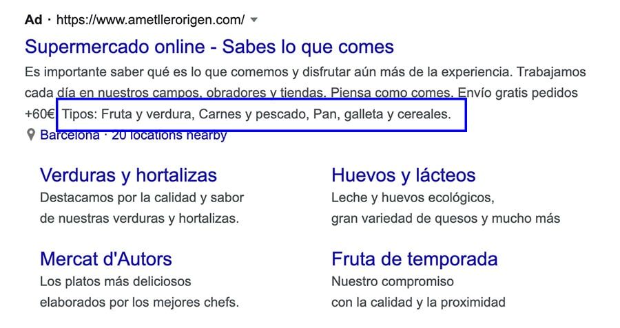 ejemplo anuncio extension extracto sitio