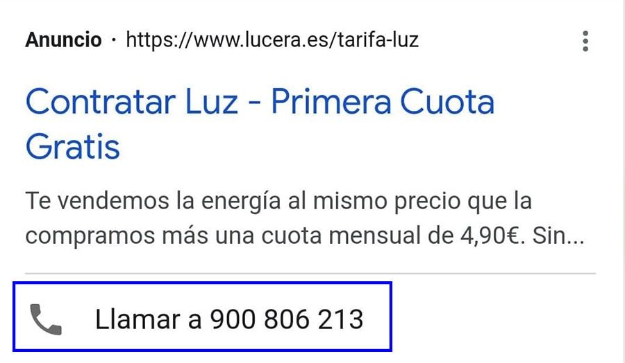 ejemplo anuncio con extension llamada móvil