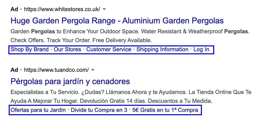 ejemplo anuncios con extensiones de enlace segunda posicion