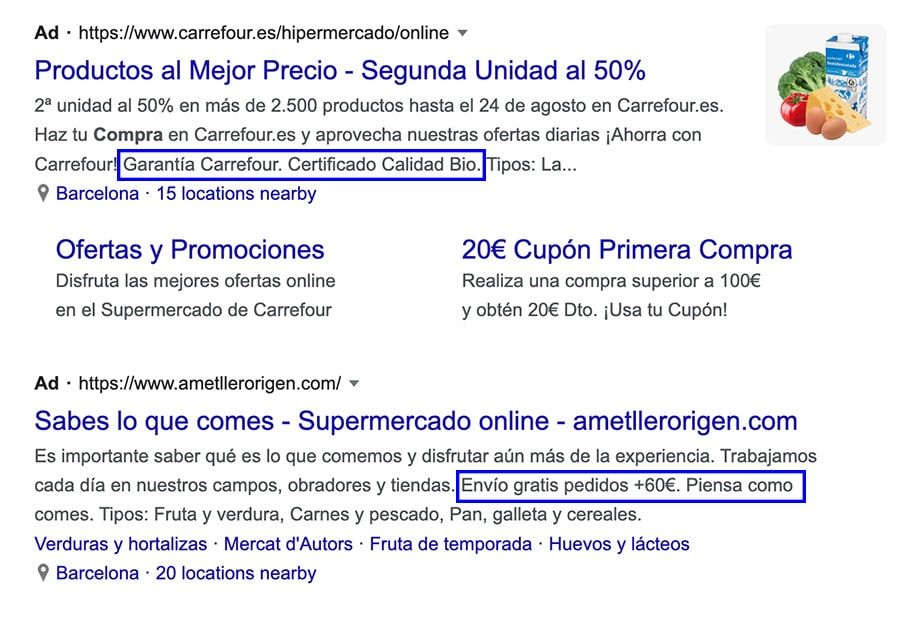 ejemplo anuncio con extensiones de texto destacado
