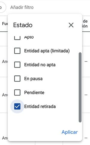 filtro estado entidad retirada extensiones google ads