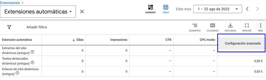 menu configuracion avanzada extensiones automaticas