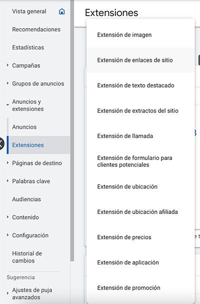 menu tipologias extensiones google ads
