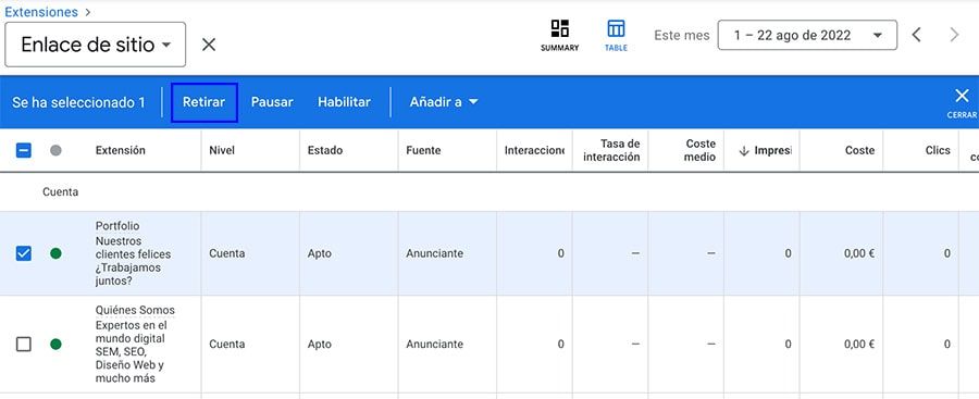 como retirar extensiones en google ads