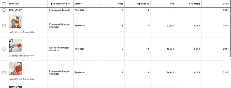 vista de extensiones google ads