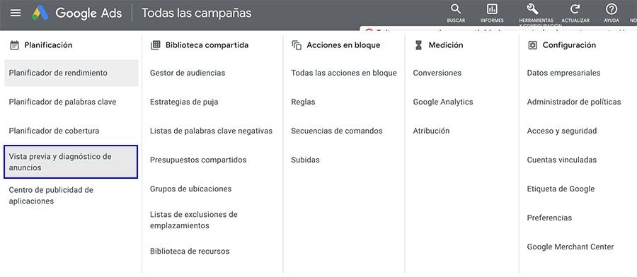 vista previa y diagnostico de anuncios