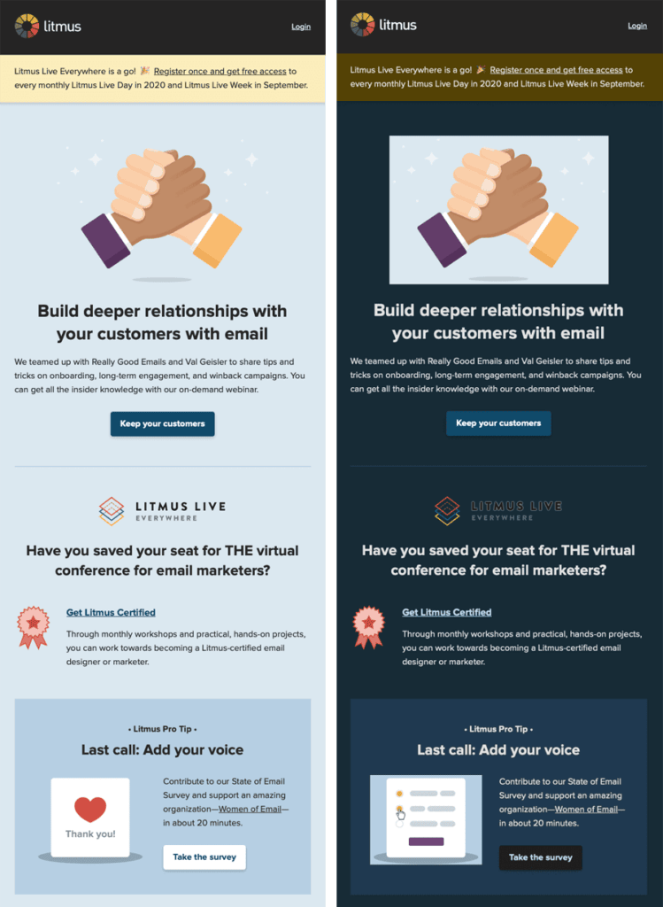 light mode vs dark mode ejemplo litmus