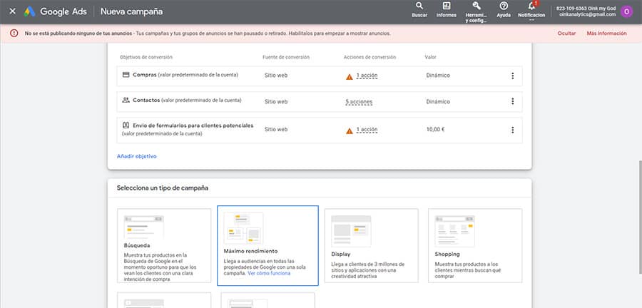 google ads maximo rendimiento nueva campanamaximo rendimiento nueva campana
