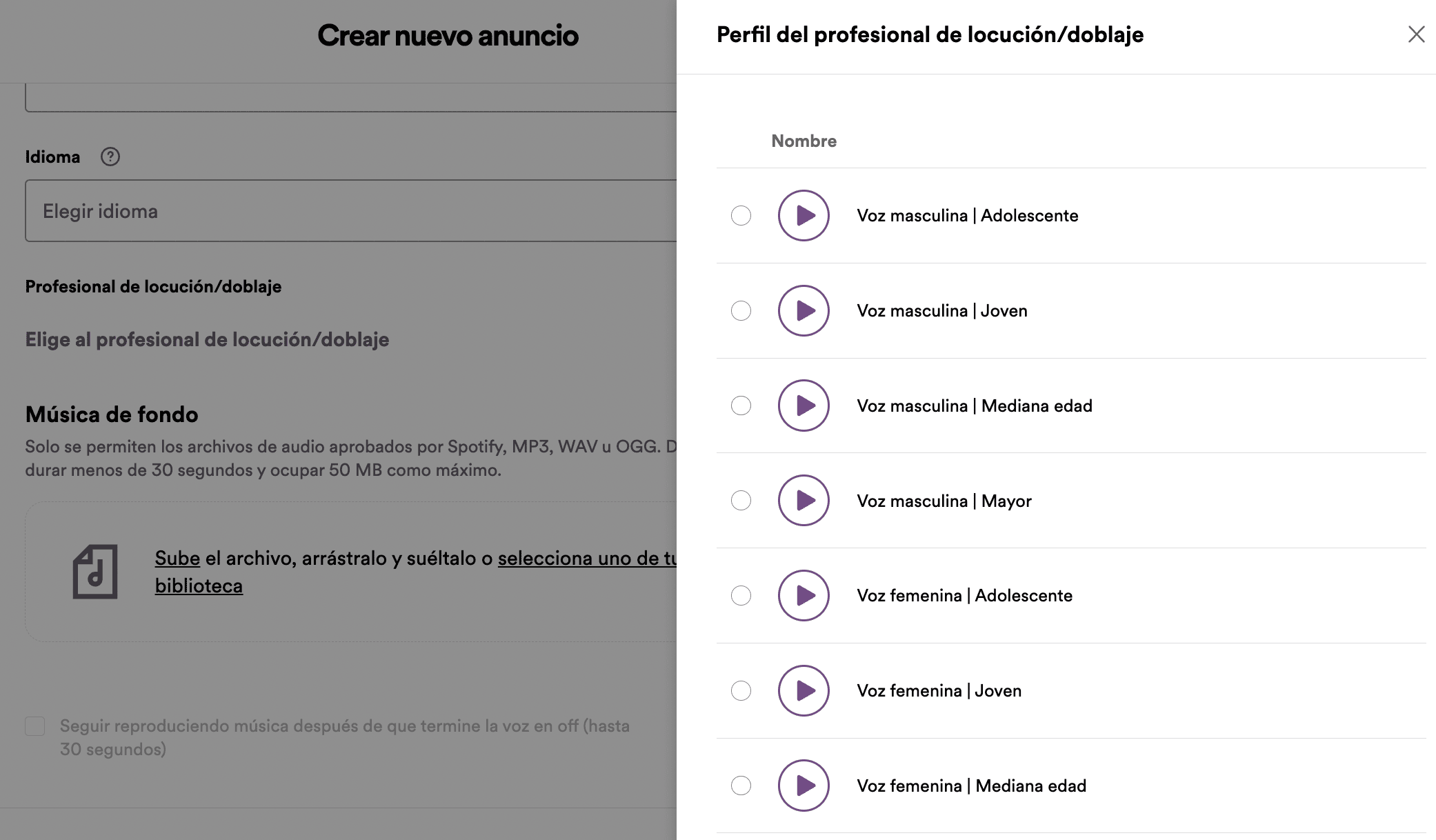 crear campaña spotify ad studio anuncio perfil locutor
