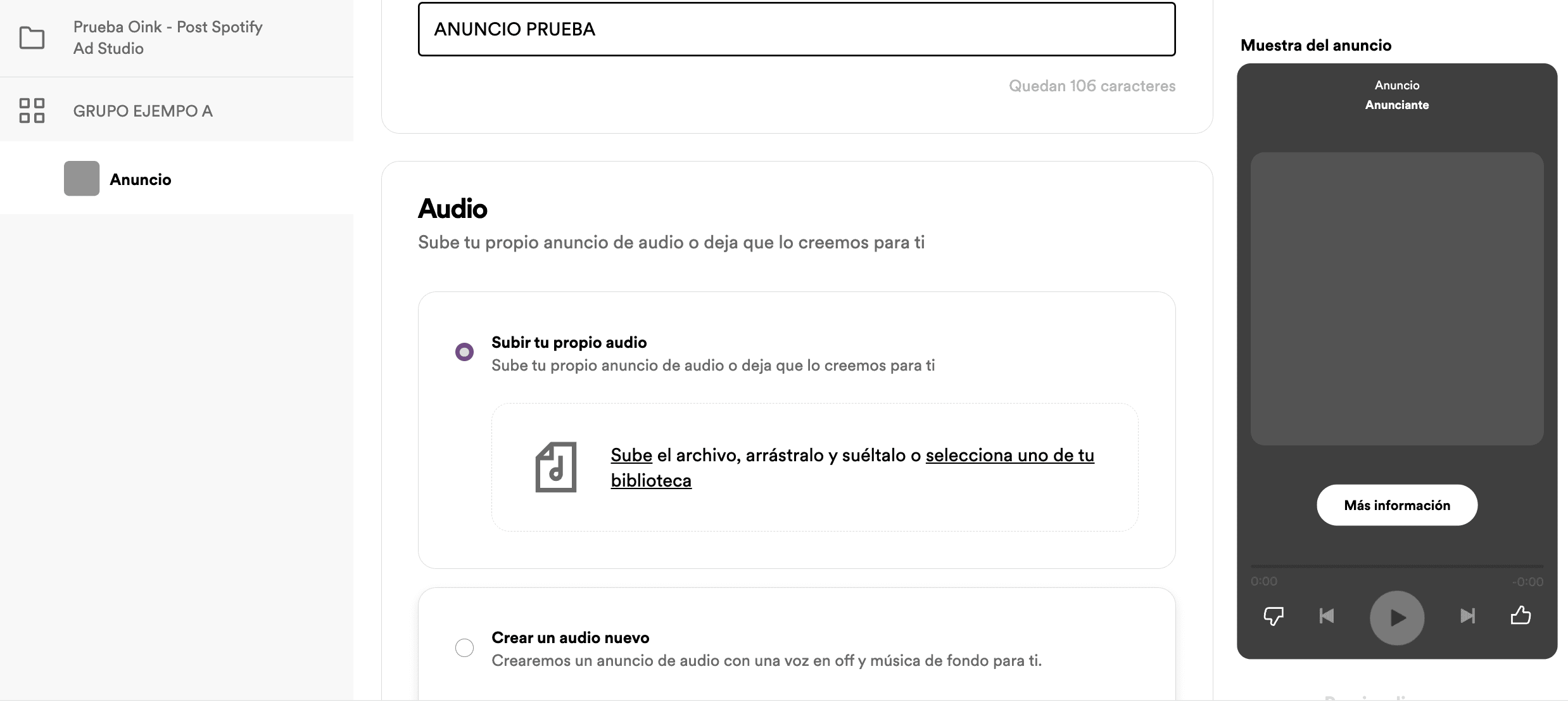 crear campaña spotify ad studio anuncio