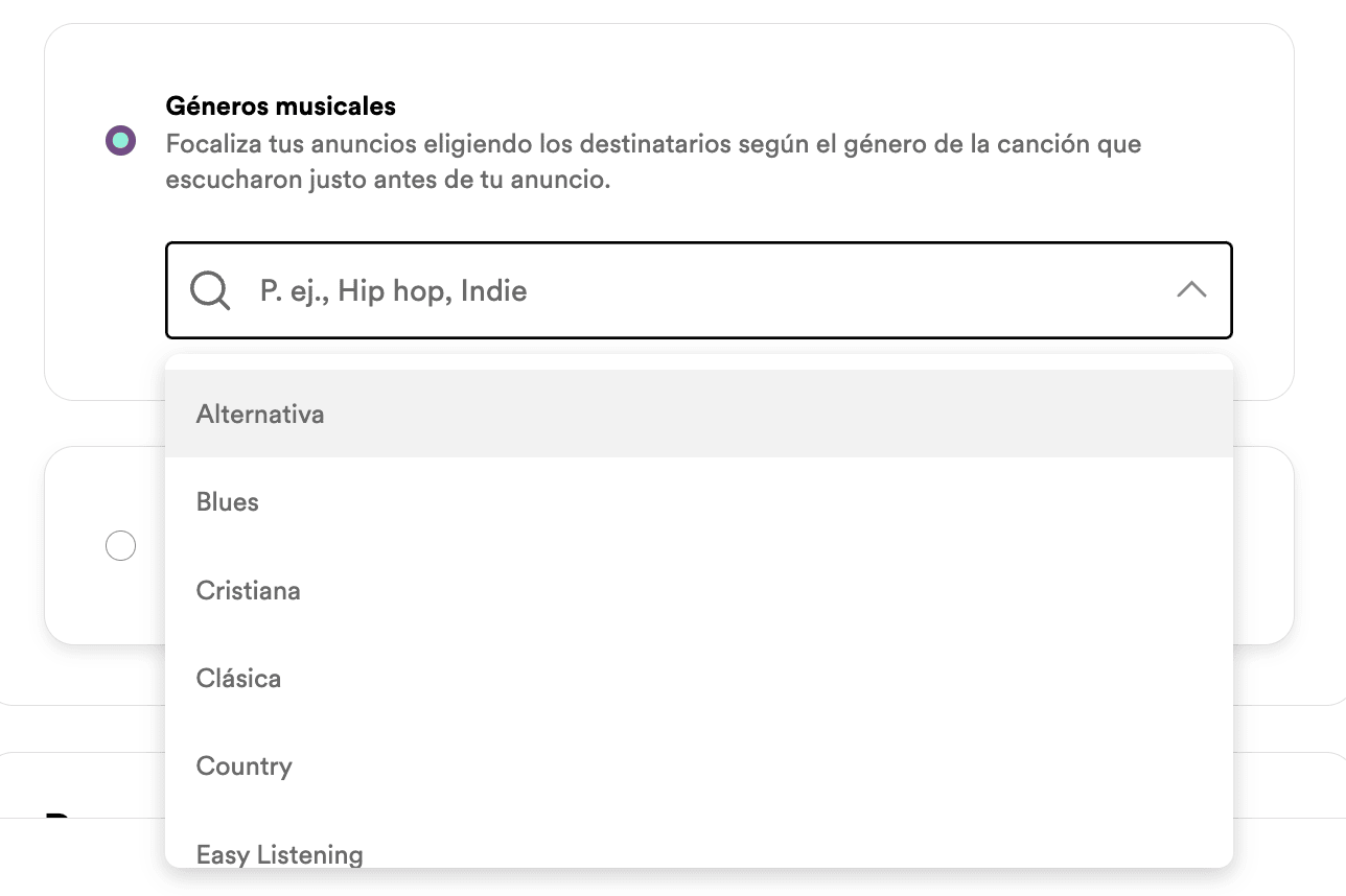 crear campaña spotify ad studio grupo anuncios generos musica