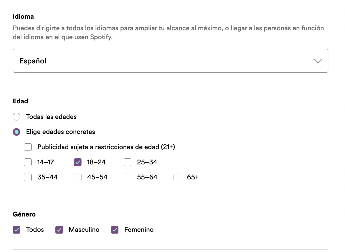 crear campaña spotify ads idioma edad genero
