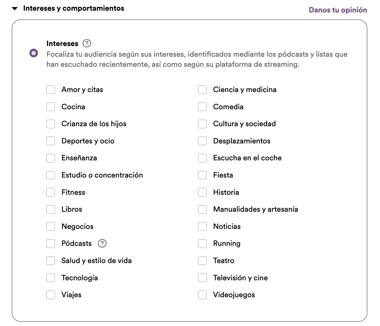 crear campaña spotify ads intereses