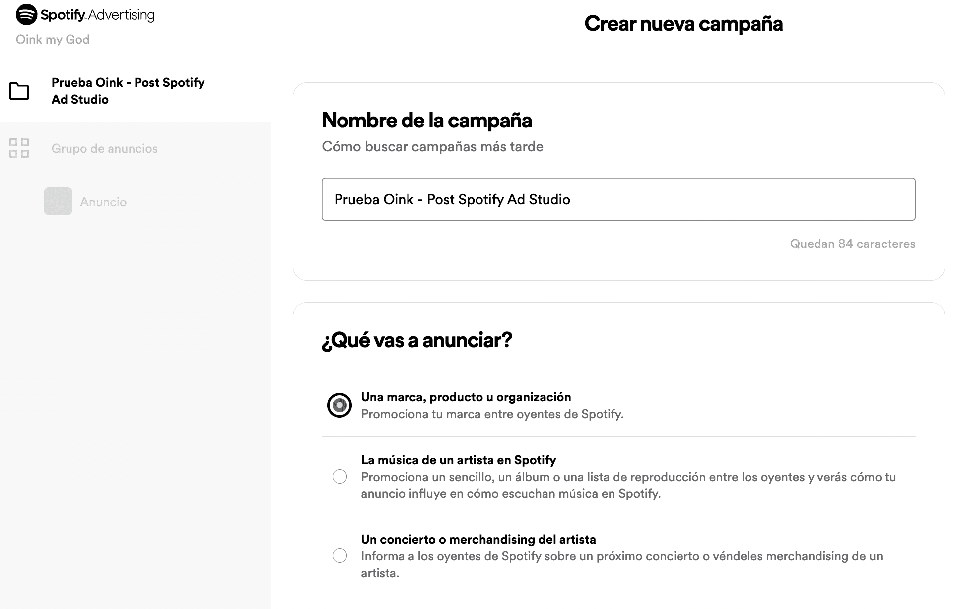 crear campaña spotify ad studio nombre