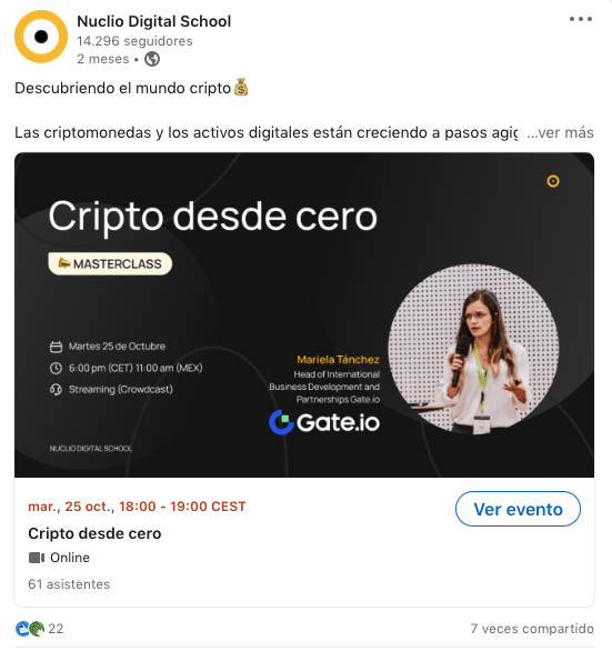Ejemplo de evento en Linkedin publicado por Nuclio Digital School