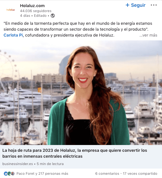 Ejemplo de publicación de una noticia en Linkedin de Holaluz