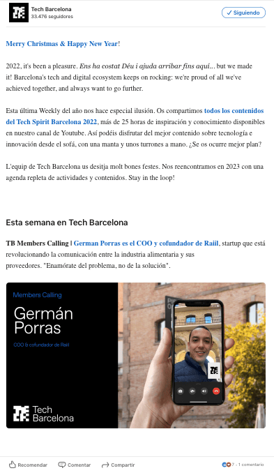 Ejemplo de newsletter de Linkedin de Tech Barcelona