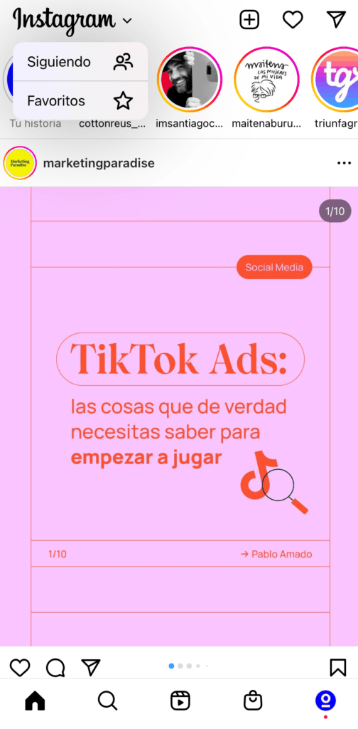 novedades instagram siguiendo vs favoritos