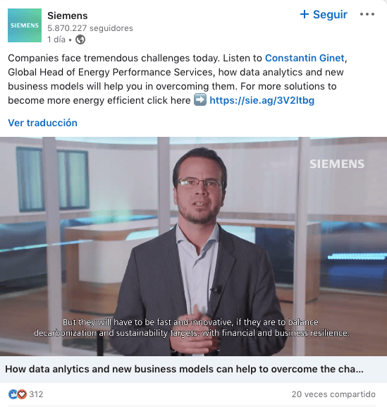 Ejemplo de contenido atractivo en forma de video para Linkedin de  Siemens
