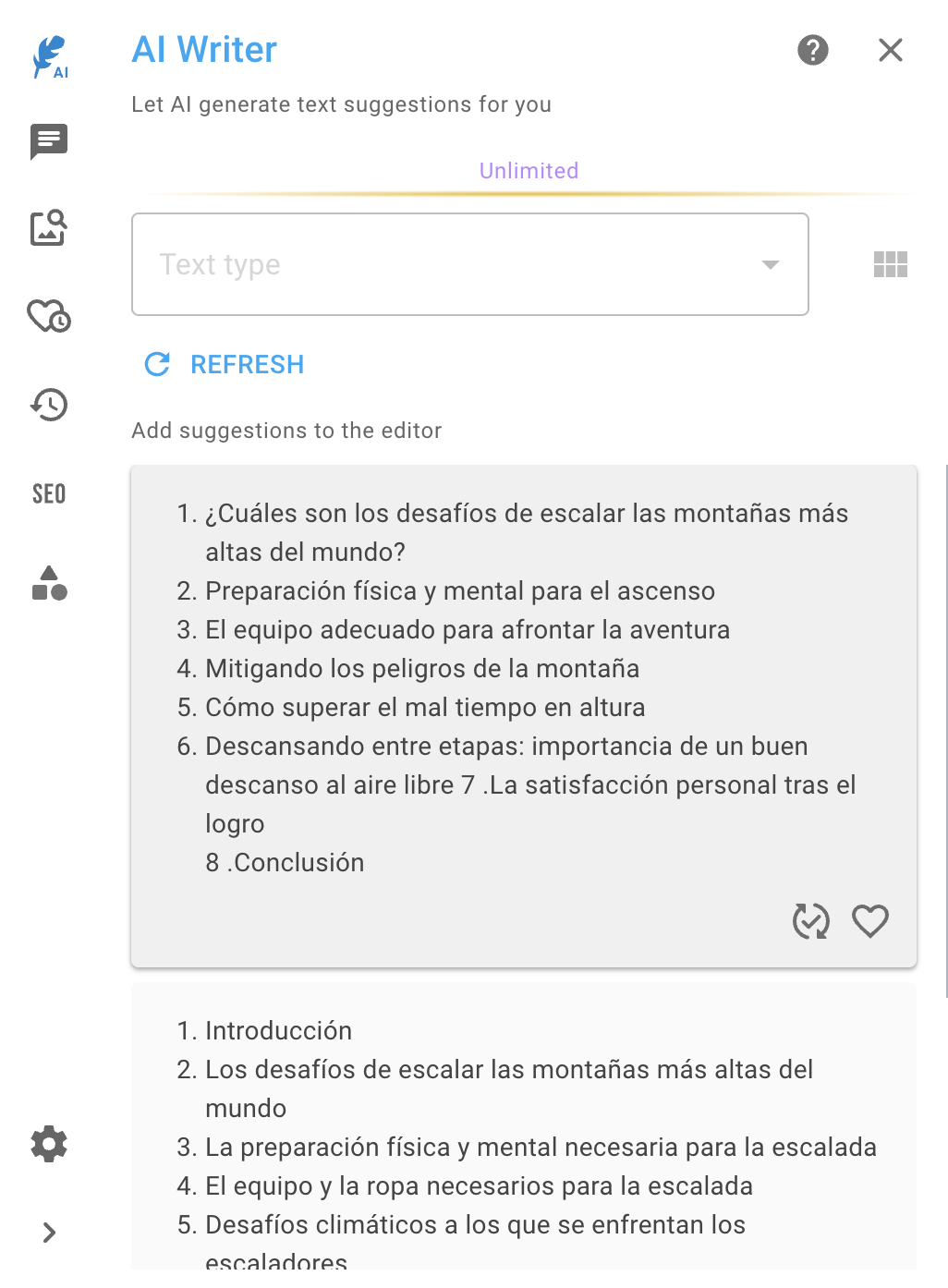Propuestas de índice en Neuroflash