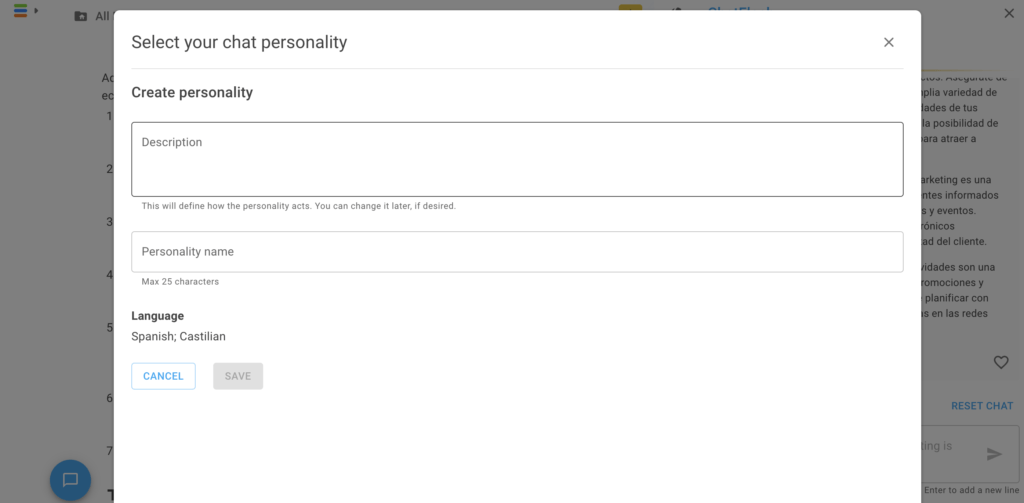 Chatflash - Crear personalidad