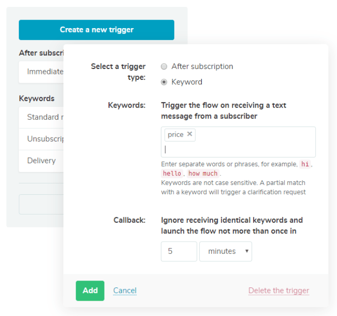 chatbot sendpulse keywords