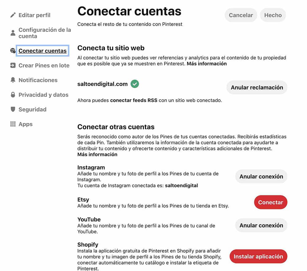 conectar cuentas pinterest