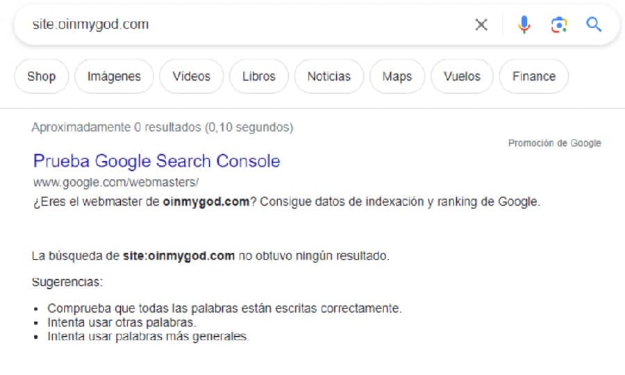 Comando site: sin resultados