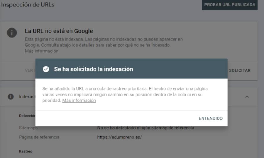 Se ha solicitado la indexación en Google Search Console