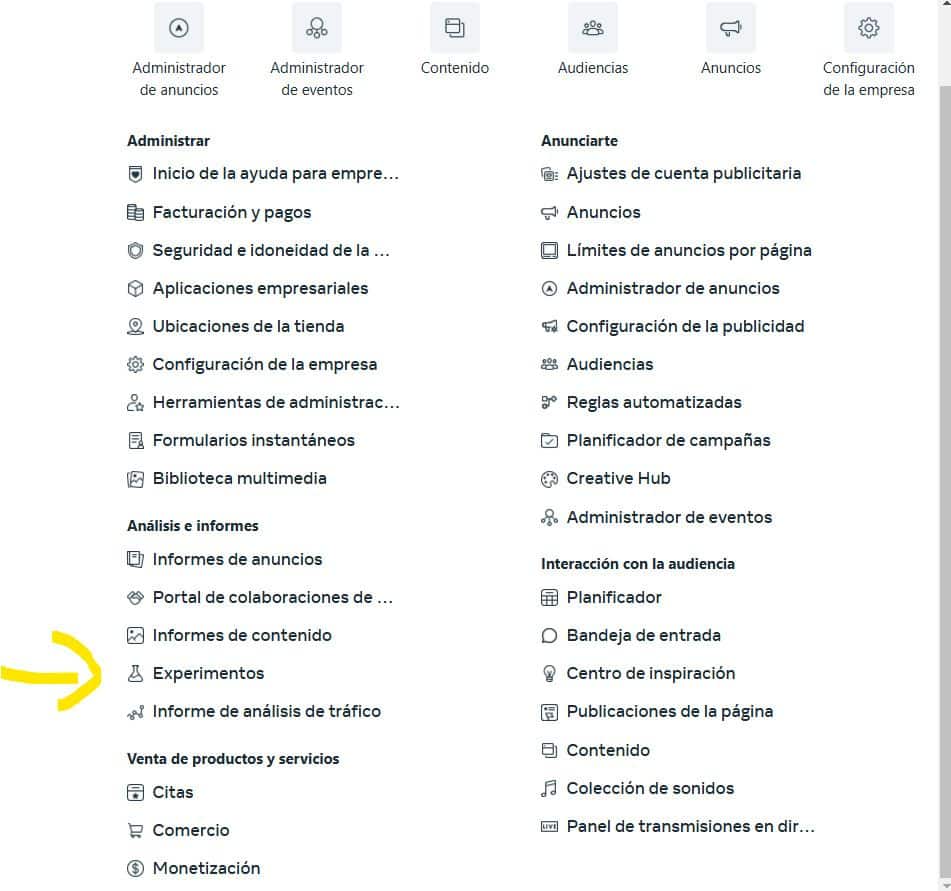 experimentos administrador anuncios meta