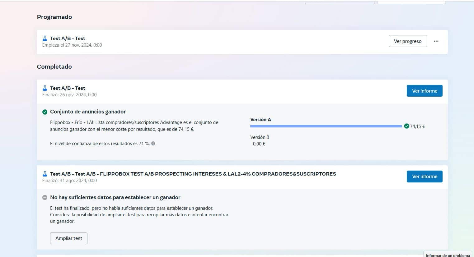 informes resultados tests ab