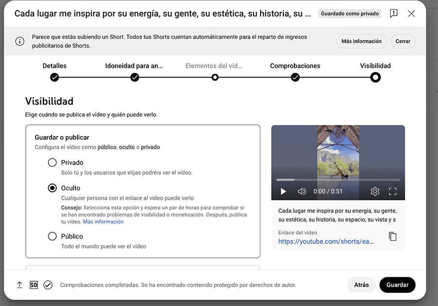 apartado visibilidad crear youtube short