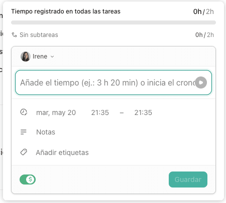 time tracking tareas en clickup